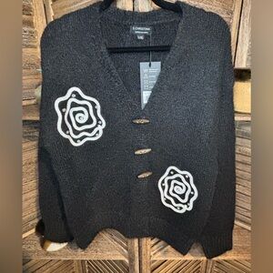 Christina Black Cardigan with White Floral Accents